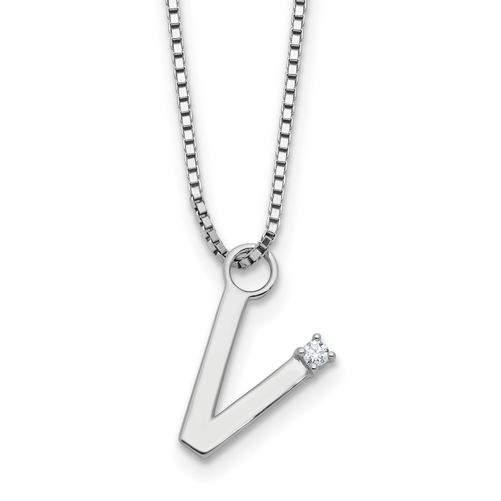 925 Sterling Silver RH-plated 18" Diamond Letter V Initial Necklace plus 2" Ext